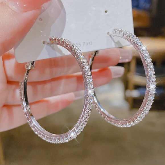 New Sterling Silver White Sapphire Minimalist Luxury Classic Hoop Earrings - Picture 2 of 16